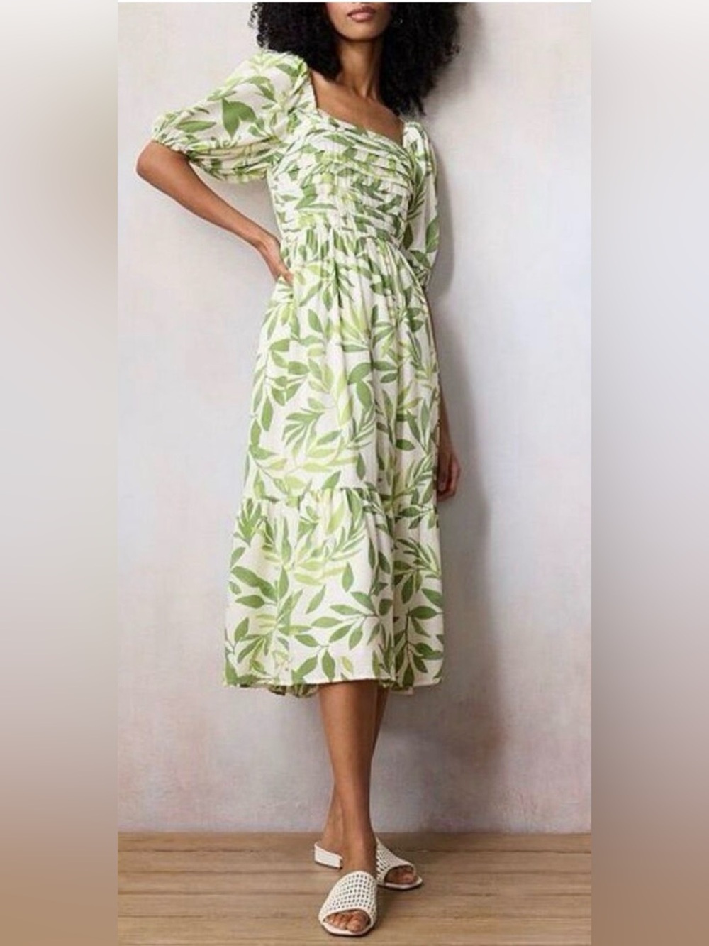 Adorable Lauren Conrad Green Leaf Print Midi Summer Dress, Smocked Pleats, L